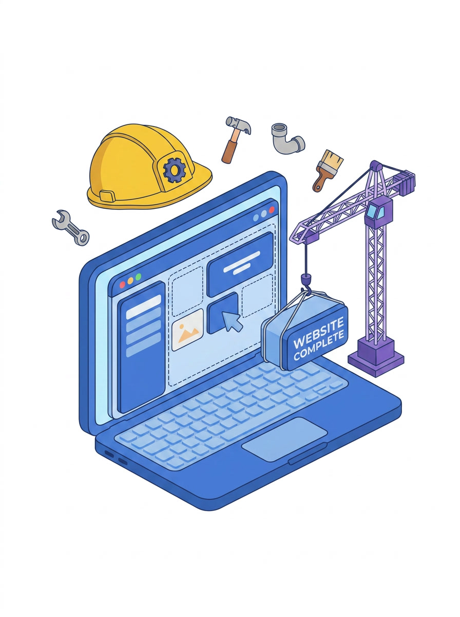 Hand-drawn illustration of a laptop showing a finished website with a 'Website complete' construction sign